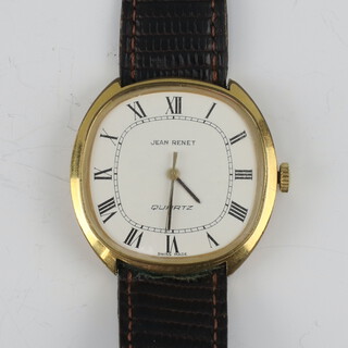 A gentleman's gilt cased Jean Renet gilt cased quartz wristwatch  33mm on a leather strap and a metal pocket watch