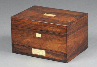 A Victorian rosewood and inlaid brass rectangular vanity/jewellery box with hinged lid, the base fitted a drawer 17cm h x 28cm w x 20cm d 