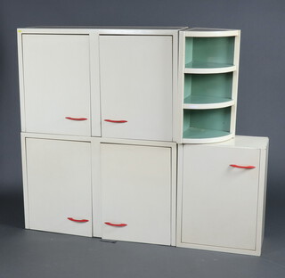 Four 1950's pressed metal kitchen units with red plastic handles comprising 2 cabinets 68cm h x 107cm w x 31cm d, rectangular cabinet 69cm h x 54cm w x 31cm d, a 3 tier open corner cabinet 69cm h x 30cm w x 30cm d 
