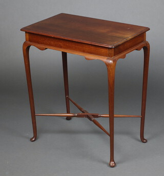 An Edwardian rectangular mahogany occasional table, raised on cabriole supports with X framed stretcher 72cm h x 64cm w x 40cm d 