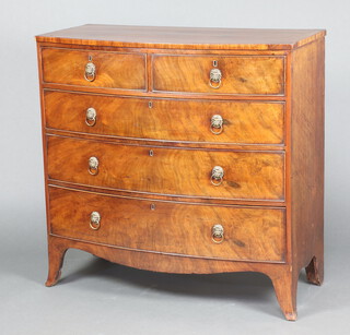 A 19th Century  mahogany bow front chest of  2 short and 3 long drawers with replacement brass ring drop handles, raised on bracket feet 103cm h x 105cm w x 51cm d 