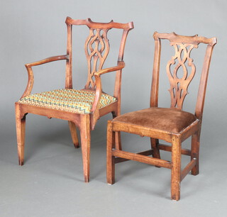 A 19th Century mahogany carver chair with pierced vase shaped slat back and drop in seat, raised on square tapered supports 94cm h x 60cm w x 48cm, together with a similar standard chair 90cm h x 51cm w x 40cm d  (frame loose)
