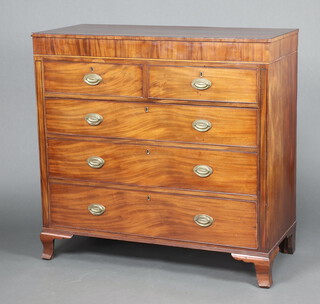 A 19th Century inlaid mahogany chest of 2 short and 3 long drawers with replacement oval plate drop handles, raised on bracket feet 114cm h x 118cm w x 53cm d 
