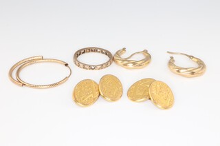 A pair of 9ct yellow gold cufflinks, pair of earrings, eternity ring (some stones missing) and 1 1/2 earrings, 8 grams 