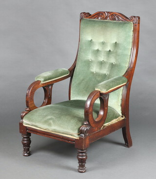 A William IV carved mahogany show frame open arm chair, the seat and back upholstered in blue material, raised on turned supports 106cm h x 60cm w x 64cm d 