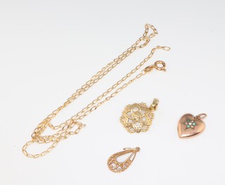 A 9ct yellow gold necklace 44cm, 2 pendants and a heart locket, 4.4 grams 