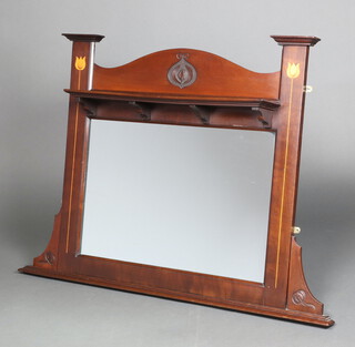 An Art Nouveau rectangular plate mirror contained in a mahogany frame, the upper section fitted a shelf 87cm h x 122cm w x 6cm d 