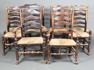 A harlequin set of 8 18th Century elm ladder back dining chairs comprising 2 matched carvers 112cm h x 67cm x 49cm d and 105cm h x 66cm w x 50cm d, 6 standard chairs 99cm h x 38cm w x 49cm d 