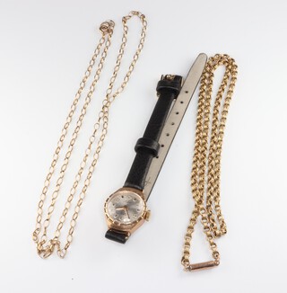 Two 9ct yellow gold necklaces 42cm and 56cm together with a 9ct yellow gold wristwatch, 6.7 grams 