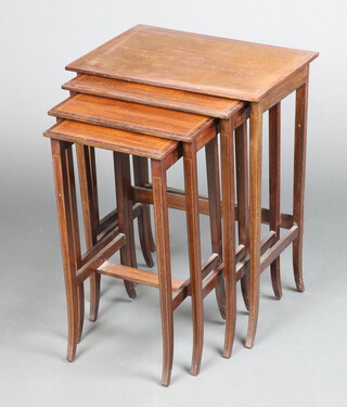 A nest of 4 Edwardian inlaid and crossbanded rectangular mahogany coffee tables 66cm h x 51cm w x 34cm d, smallest 60cm x 30cm x 29cm 
