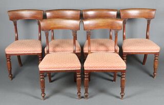 A set of 6 Victorian mahogany bar back dining chairs with overstuffed seats, raised on turned supports 84cm h x 46cm w x 43cm d (seats 22cm x 26cm) 