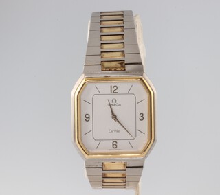 A gentleman's steel cased Omega De Ville quartz wristwatch contained in an octagonal 27mm case on a bi-metallic bracelet no.1365 