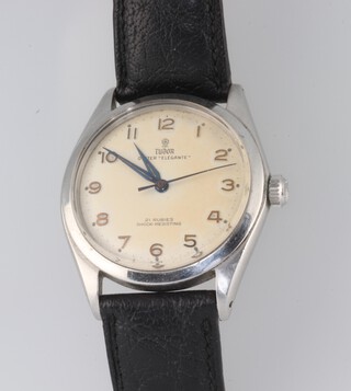 A gentleman's steel cased Tudor Oyster Elegante wristwatch contained in a 33mm case with later leather strap 