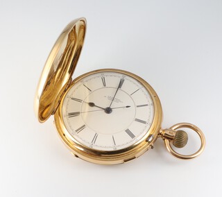 A Victorian 18ct yellow gold chronograph hunter pocket watch with engraved monogram, having dial inscribed T R Russell, 18 Church Street, Liverpool, the movement and cased engraved 87652, Chester 1892 contained in a 50mm case, 136.6 grams gross 