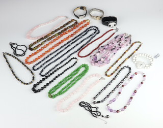 A quantity of hardstone necklaces and 3 costume watches