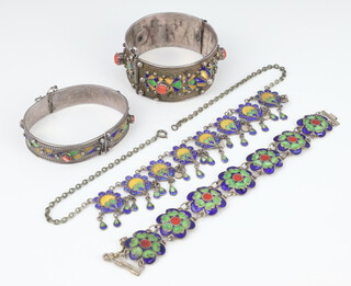 An Eastern enamelled coral mounted bangle and 1 other, a bracelet and necklace 