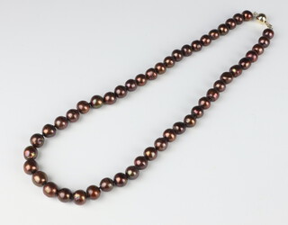 A strand of brown cultured pearls with a yellow metal 375 clasp 54cm