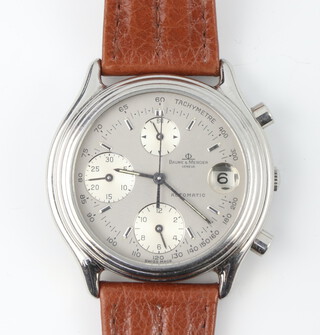 A gentleman's steel cased Baume Mercier automatic chronograph calendar wristwatch with 3 subsidiary dials, the case numbered 6103 1622989 contained in a 35mm case with original leather strap, boxed  