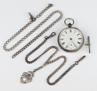 A 19th Century American silver keyword pocket watch by Waltham numbered 2635352 together with 2 silver Alberts 