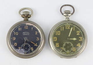 A metal cased Ingersoll Triumph Radiolite pocket watch with seconds at 6 o'clock, the movement numbered 43856115 with black dial 48mm (working) and a metal cased black dial pocket watch with seconds at 6 o'clock by Paugarnier  numbered 103521 50mm (no working) 
