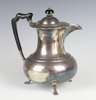 A baluster silver hot water jug and coffee pot with ebony mounts Sheffield 1909, 629 grams gross together with a gilt pocket watch (a/f)