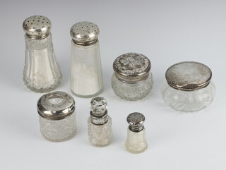 A silver mounted toilet jar with Reynolds angels lid Birmingham 1902 and 5 other lidded items, weighable silver 80 grams 