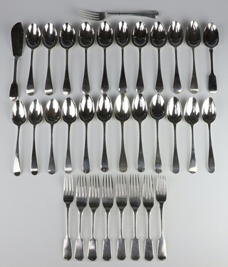 A quantity of Old English silver cutlery, mixed makers and dates, 1350 grams 