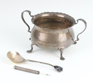 A silver 2 handled sugar bowl Birmingham 1903, a spoon and a toothpick, 162 grams 