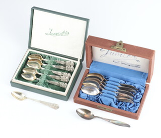 A set of 6 Continental white metal filigree coffee spoons, boxed, 57 grams, cased set of plated ditto 