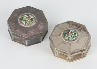 A pair of octagonal silver and enamelled boxes decorated with parrots, numbered 84A of 500 and 84B of 500, Birmingham 1980, 6.5cm, maker St James House Company, 124 grams 