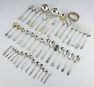 A Victorian silver sauce ladle London 1840, minor spoons and forks, 669 grams 