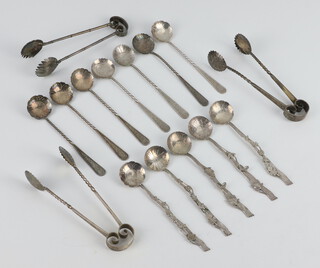 Seven Japanese Suzuki silver teaspoons, 5 similar with rustic handles and 2 pairs of sugar nips, 153 grams
