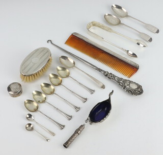 A George III silver teaspoon, minor spoons etc, a salt with blue glass liner in the form of a long boat, silver backed brush, small circular pill box, etc, weighable silver 159 grams