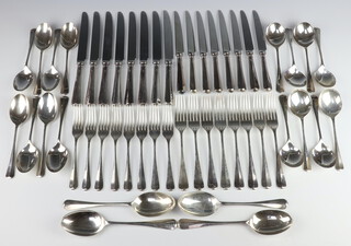 A set of silver cutlery comprising 8 dinner forks, 8 dessert forks, 8 dessert spoons, 8 soup spoons, 4 table spoons, 8 dinner knives, 8 dessert knives, Sheffield 1992,  maker Roberts and Belk, 2190 grams 