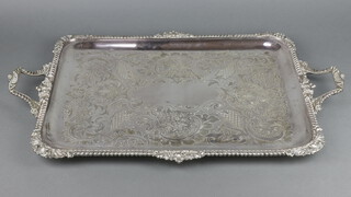 An engraved silver plated 2 handled tray with scroll and floral decoration 73cm