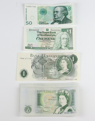 A collection of 19 one pound bank notes, 2 Scottish one pound bank notes and a 50 krona note 