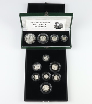 A 1997 silver proof Britannia coin collection cased, 59 grams, together with a 2008 United Kingdom coinage Royal Shield of Arms silver coin set 85 grams 