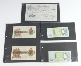 Two five pound notes no.7828 dated 20th April 1925, the other no.21007 dated 6th April 1922, a ten shilling note and four one pound bank notes 