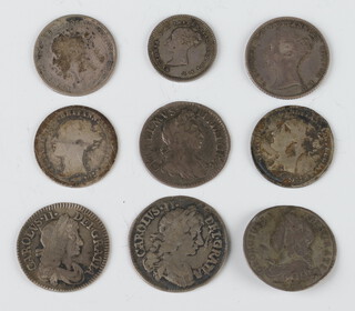 A collection of 9 British Sterling silver four, three and two pence coins including Charles II, 13.5 grams 