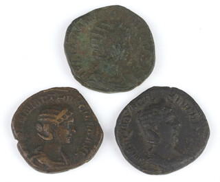 Three brass dupondius coins for the wives of Roman emperors: Herennia Etruscilla (Trojan Decius); Julia Domna (Septimius Severus); Marcia Severa (Phillip I), all date from 200AD to 250AD 