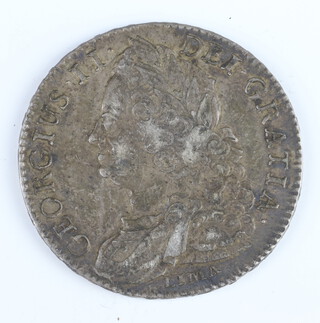 A silver half crown of George II 1745, LIMA below but, year of reign DECIMO NONO 