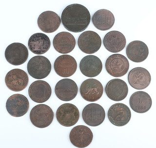 A collection of 19th Century copper penny tokens, together with one three pence token 