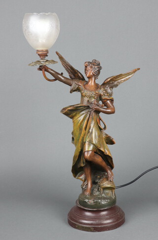 A French spelter figure La Paix Amee, converted for use as an electric table lamp with etched glass shade, raised on a socle base 58cm h x 17cm 