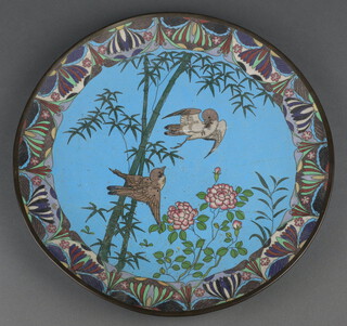 A Japanese blue ground cloisonne enamelled plate decorated with birds amidst branches 30cm 