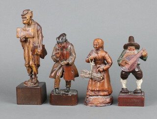 Aug Rungaldier 1926, a carved figure of a standing newspaper vendor, base marked Aug Rungaldier 1926 25cm h, ditto Continental figure of a gentleman playing a musical instrument 17cm, 1 other gentleman 19cm and a resin figure of a lady 16cm h 