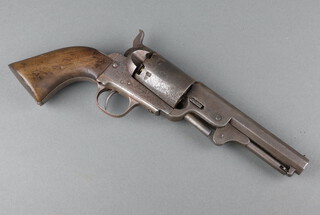 An unusual .35 calibre percussion revolver in the style of a Colt 1851 London Navy, serial no.7, most likely a Belgian Brevet, with blued 7 1/2" octagonal barrel, plain cylinder with Birmingham proofs and traces of colour hardening, blued open iron frame with dome headed screws and large capping cut-out, blued iron grip-straps and trigger-guard, having a chequered walnut grip with radiused heel (possibly reprofiled), numbered only on cylinder and wedge, complete with leather holster, proof marks for Liege  