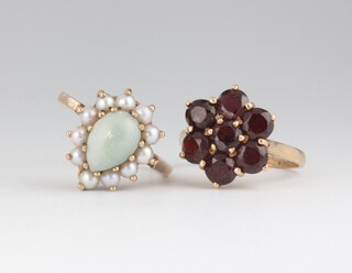 A 9ct yellow gold pearl and hardstone pear shaped ring, a ditto garnet ring sizes O and O 1/2, 8 grams