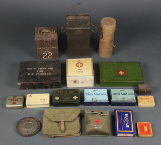 A Second World War military outfit first aid from MT vehicle (empty), a Koray first aid tin and contents, a first aid accident emergency case no.3 and contents suitable for travellers, motorists and home use and other first aid kits 