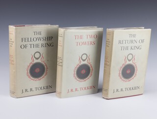 Tolkien J.R.R, The Lord of the Rings trilogy first edition, Fellowship of the Ring 1st edition 4th impression 1955 in 12th impression dust cover, The Two Towers 1st edition 1st impression 1954 in 9th impression dust cover, The Return of King 1st edition 1st impression 1955 original dust cover, all fully bound in red cloth with gilt to spine 8vo.

The are no signatures/inscriptions or dedications within any of the books
