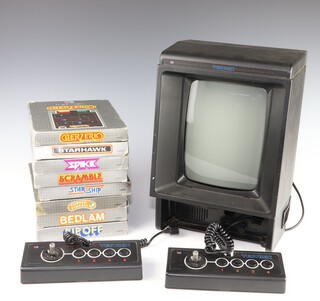 Vectrex, a home video games console circa 1983, with inbuilt Mine Storm game and overlay, the console complete with instructions and extra game controller, together with 9 games including - Soccer Football, Scramble, Rip Off, Spike, Starship, Flipper Pinball, Starhawk, Bedlam and Berzerk, all games boxed with plastic insert, overlay, instructions and cartridges (Bedlam no instructions) 